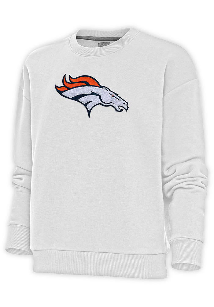 Antigua Denver Broncos Women's Orange Chenille Logo Victory Crew Sweatshirt, Orange, 65% Cotton / 35% POLYESTER, Size XL, Rally House