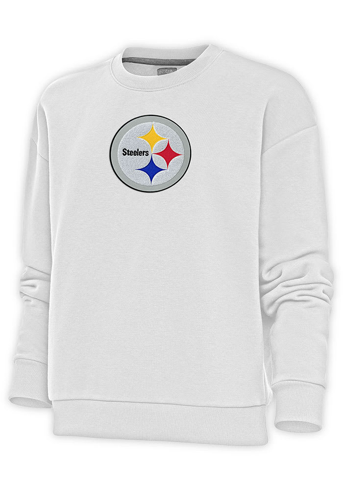 Antigua Pittsburgh Steelers Women's White Chenille Logo Victory Crew Sweatshirt, White, 65% Cotton / 35% POLYESTER, Size XL, Rally House