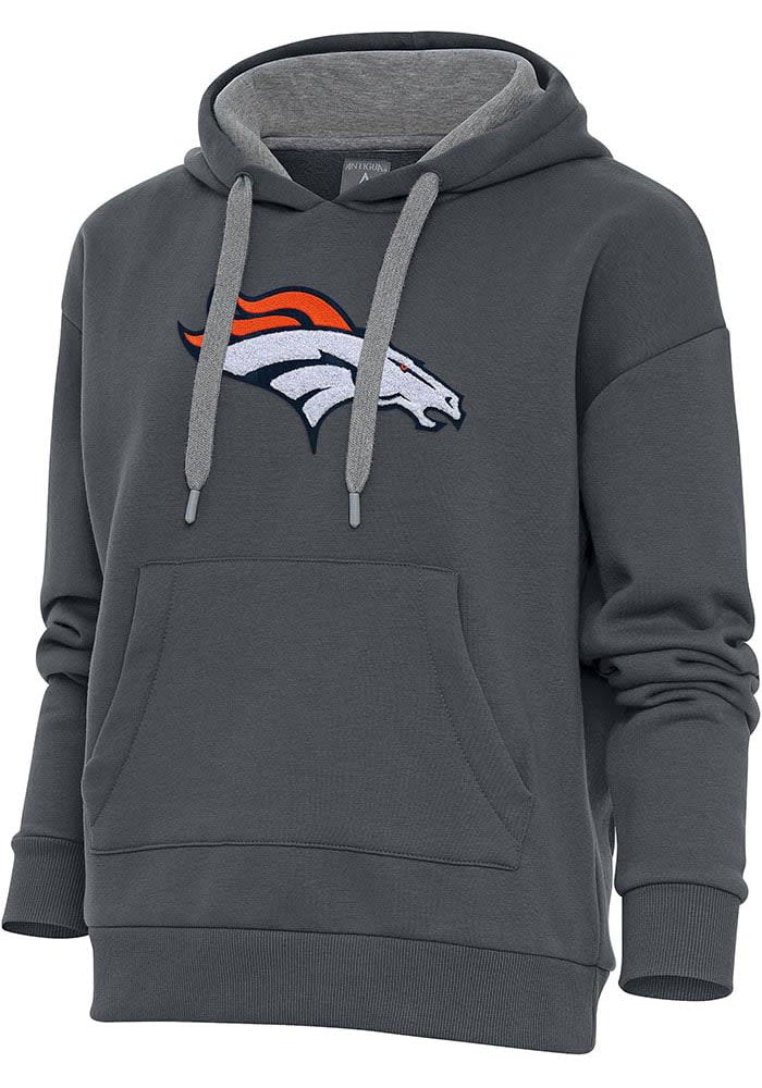 Denver Broncos Antigua Women's Metallic Logo Victory Pullover Hoodie - Black