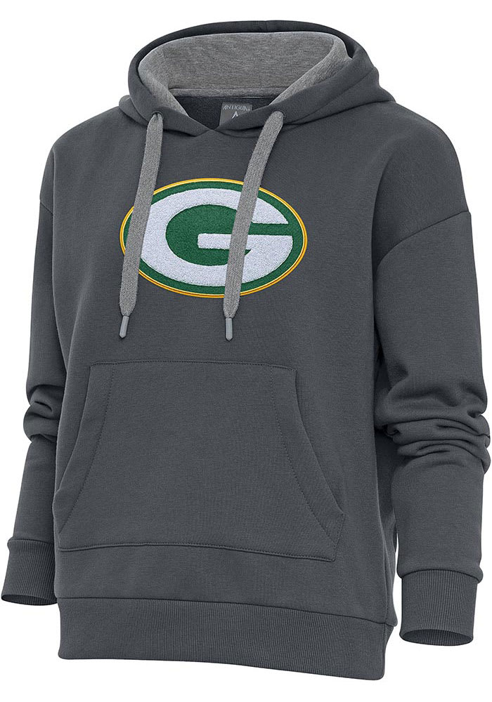 Antigua Green Bay Packers Womens Charcoal Chenille Logo Victory Long Sleeve Pullover