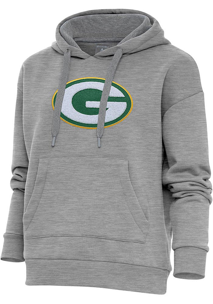 Antigua Green Bay Packers Womens Grey Chenille Logo Victory Long Sleeve Pullover