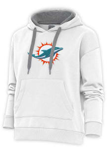 Antigua Miami Dolphins Womens White Chenille Logo Victory Hooded Sweatshirt