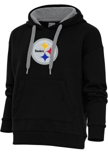 Antigua Pittsburgh Steelers Womens Black Chenille Logo Victory Hooded Sweatshirt