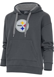 Antigua Pittsburgh Steelers Womens Charcoal Chenille Logo Victory Hooded Sweatshirt