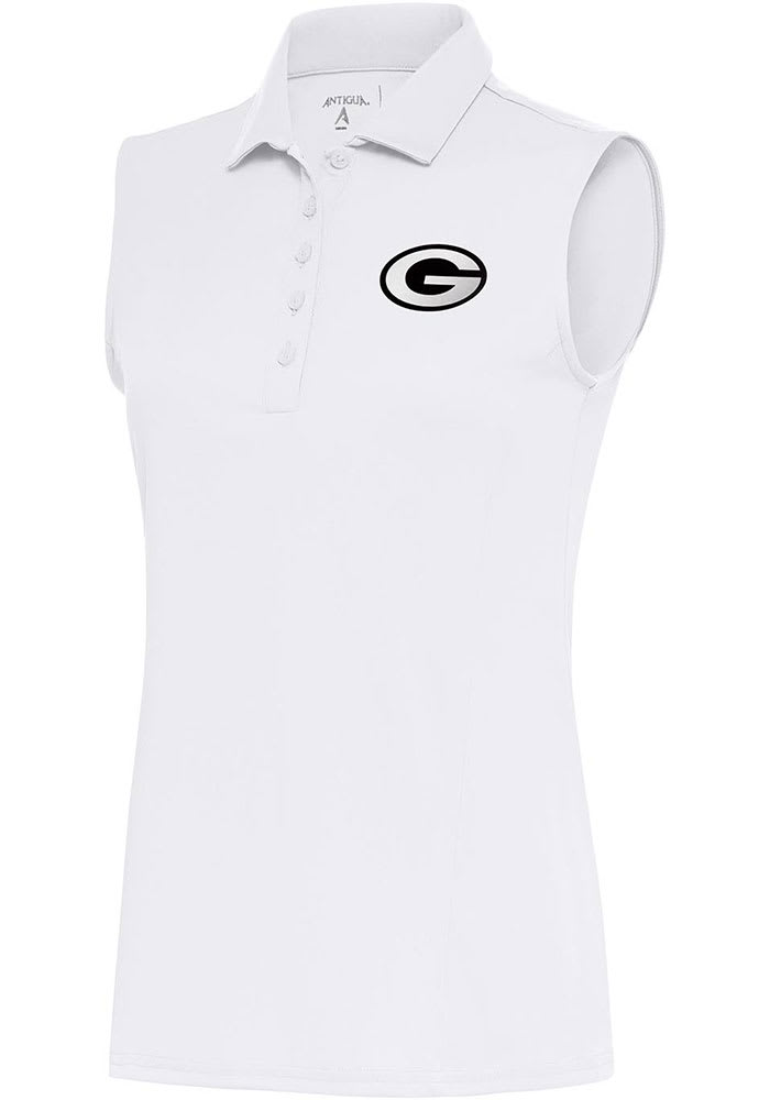 Antigua Green Bay Packers Women's White Metallic Logo Tribute Short Sleeve Polo Shirt, White, 100% POLYESTER, Size L, Rally House