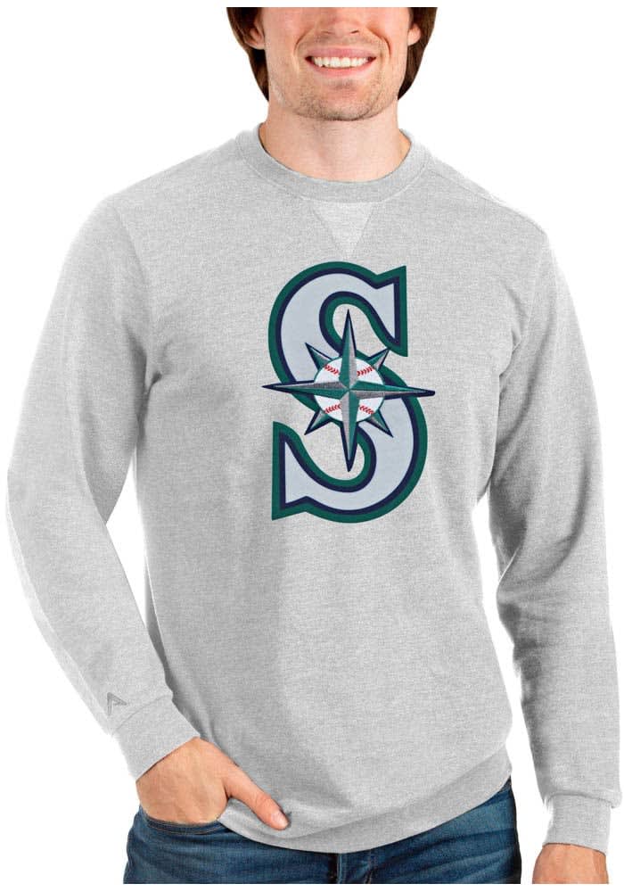 Antigua Seattle Mariners Grey Flier Bunker Long Sleeve Crew Sweatshirt, Grey, 86% Cotton / 11% Polyester / 3% SPANDEX, Size L, Rally House