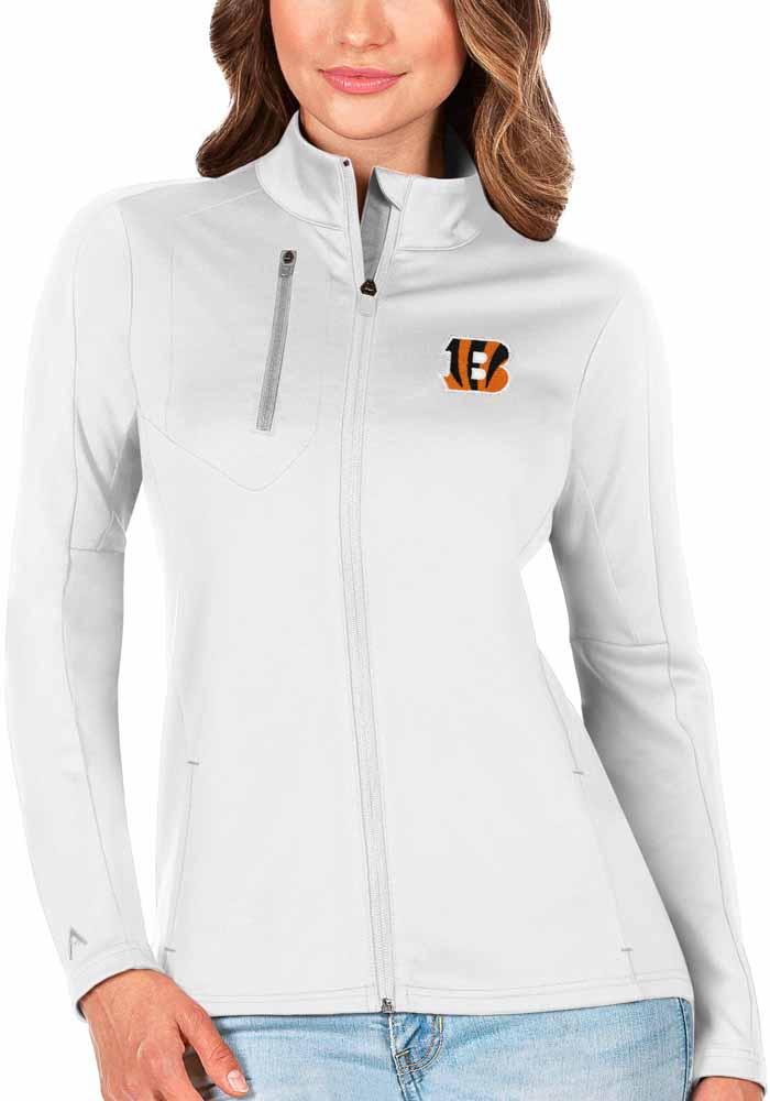 Antigua Cincinnati Bengals Women's White Metallic Logo Victory Long Sleeve Full Zip Jacket, White, 52% Cot / 48% Poly, Size M, Rally House