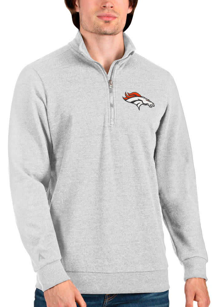 Antigua Denver Broncos Grey Action Long Sleeve Hoodie, Grey, 55% Cotton / 45% POLYESTER, Size 2XL, Rally House