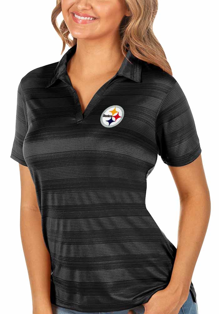 Antigua Pittsburgh Steelers Womens Black Compass Short Sleeve Polo Shirt