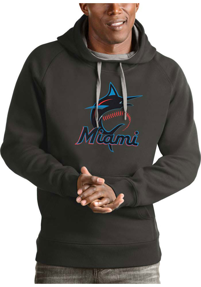 Antigua Miami Marlins Mens Charcoal Victory Long Sleeve Hoodie