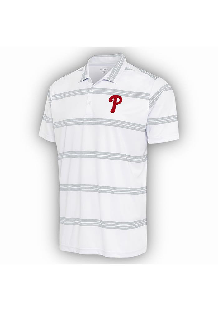 Antigua Philadelphia Phillies White Groove Short Sleeve Polo, White, 100% POLYESTER, Size XL, Rally House