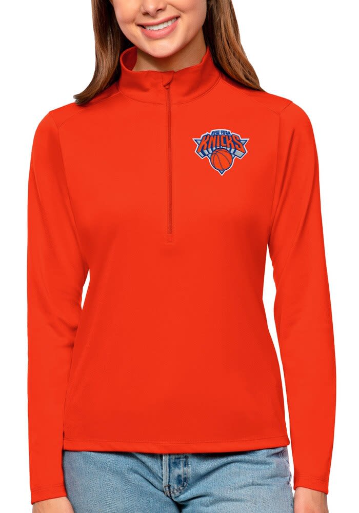 New York Knicks Antigua Womens ORANGE Tribute Long Sleeve Qtr Zip