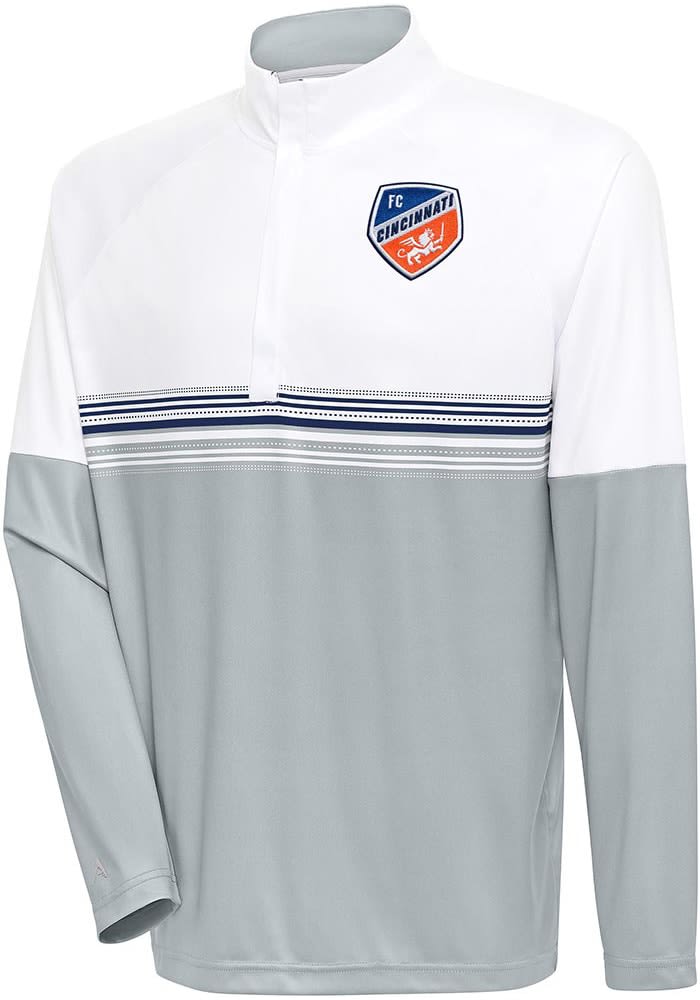 Antigua FC Cincinnati Mens White Bender Long Sleeve 1/4 Zip Pullover