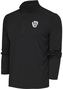 Antigua Milwaukee Brewers Mens Grey Metallic Logo Tribute Long Sleeve 1/4 Zip Pullover