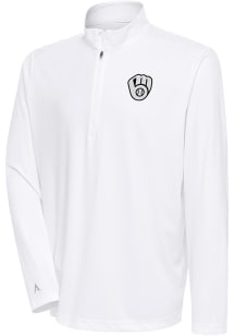 Antigua Milwaukee Brewers Mens White Metallic Logo Tribute Long Sleeve 1/4 Zip Pullover