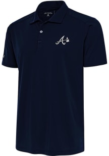 Antigua Atlanta Braves Mens Navy Blue Metallic Logo Tribute Short Sleeve Polo