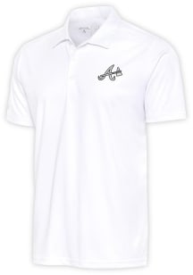 Antigua Atlanta Braves Mens White Metallic Logo Tribute Short Sleeve Polo