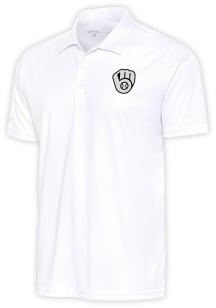 Antigua Milwaukee Brewers Mens White Metallic Logo Tribute Short Sleeve Polo