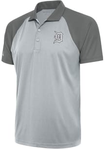 Antigua Detroit Tigers Mens Grey Metallic Logo Nova Short Sleeve Polo