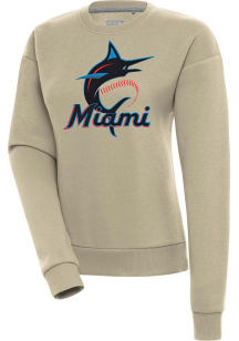 Antigua Miami Marlins Womens Khaki Victory Crew Sweatshirt