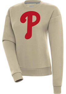 Antigua Philadelphia Phillies Womens Khaki Victory Crew Sweatshirt