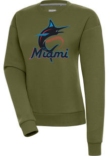 Antigua Miami Marlins Womens Olive Victory Crew Sweatshirt