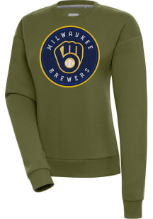 Antigua Milwaukee Brewers Womens Olive Victory Crew Sweatshirt