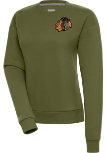 Antigua Chicago Blackhawks Womens Olive Victory Crew Sweatshirt
