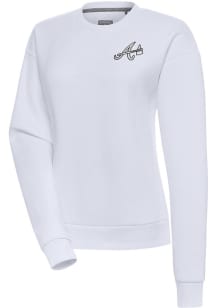 Antigua Atlanta Braves Womens White Metallic Logo Victory Crew Sweatshirt