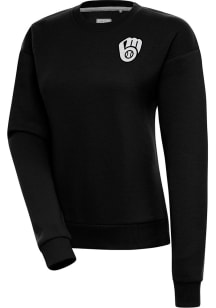 Antigua Milwaukee Brewers Womens Black Metallic Logo Victory Crew Sweatshirt
