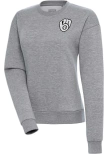 Antigua Milwaukee Brewers Womens Grey Metallic Logo Victory Crew Sweatshirt