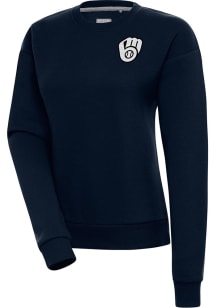 Antigua Milwaukee Brewers Womens Navy Blue Metallic Logo Victory Crew Sweatshirt