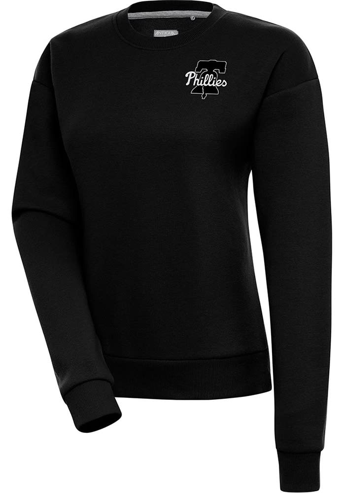 Antigua Philadelphia Phillies Women's Black Metallic Logo Victory Crew Sweatshirt, Black, 65% Cotton / 35% POLYESTER, Size S, Rally House