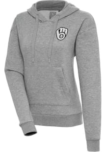 Antigua Milwaukee Brewers Womens Grey Metallic Logo Victory Hooded Sweatshirt