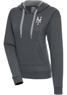 Antigua New York Mets Womens Charcoal Metallic Logo Victory Hooded Sweatshirt
