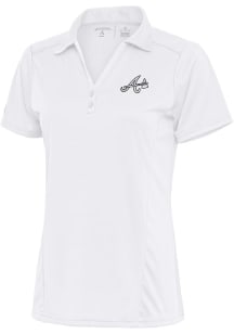 Antigua Atlanta Braves Womens White Metallic Logo Tribute Short Sleeve Polo Shirt