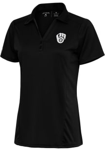 Antigua Milwaukee Brewers Womens Black Metallic Logo Tribute Short Sleeve Polo Shirt