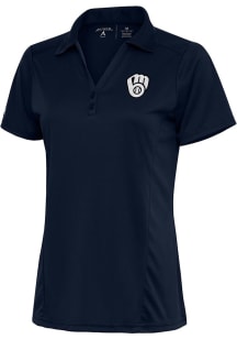 Antigua Milwaukee Brewers Womens Navy Blue Metallic Logo Tribute Short Sleeve Polo Shirt