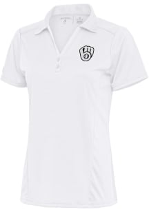 Antigua Milwaukee Brewers Womens White Metallic Logo Tribute Short Sleeve Polo Shirt