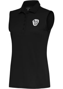 Antigua Milwaukee Brewers Womens Black Metallic Logo Tribute Polo Shirt