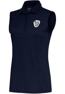 Antigua Milwaukee Brewers Womens Navy Blue Metallic Logo Tribute Polo Shirt