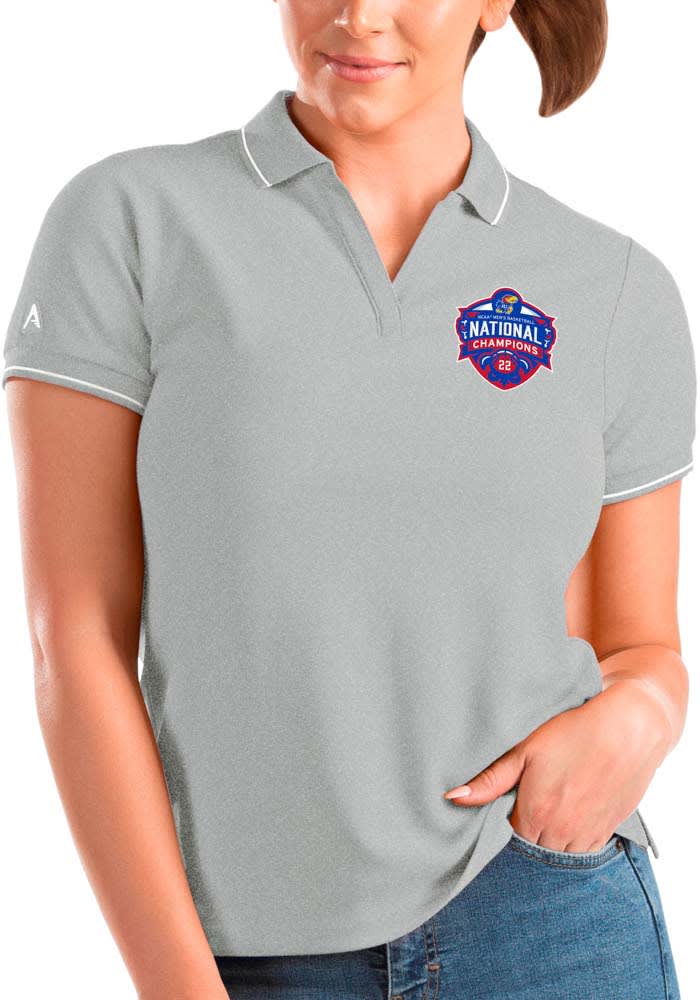 Antigua Kansas Jayhawks Womens Grey 2022 NCAA Basketball National Champions Affluent Short Sleeve Polo Shirt