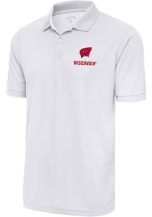 Mens Wisconsin Badgers White Antigua Legacy Pique Short Sleeve Polo Shirt