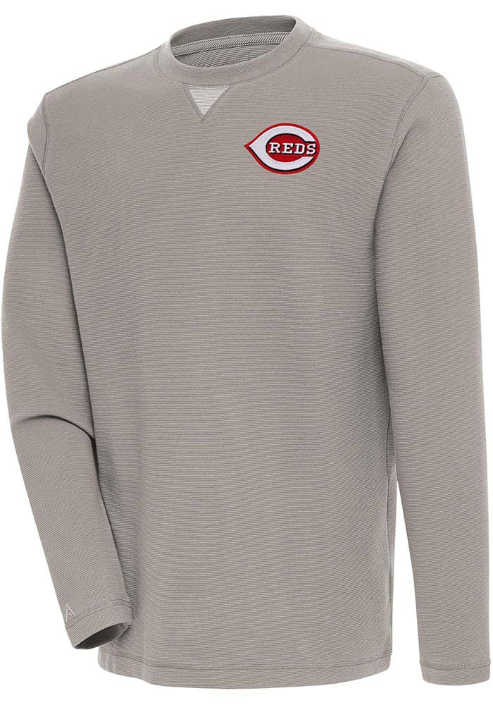 Antigua Cincinnati Reds Mens Oatmeal Flier Bunker Long Sleeve Crew Sweatshirt