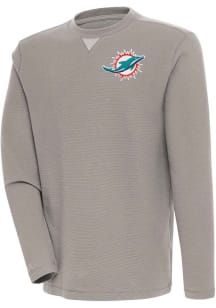 Antigua Miami Dolphins Mens Oatmeal Flier Bunker Long Sleeve Crew Sweatshirt
