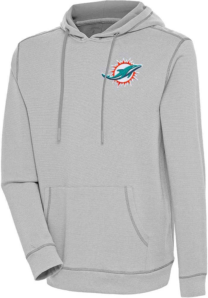 Antigua Miami Dolphins Grey Axe Bunker Long Sleeve Hoodie, Grey, 86% Cotton / 11% Polyester / 3% SPANDEX, Size 2XL, Rally House