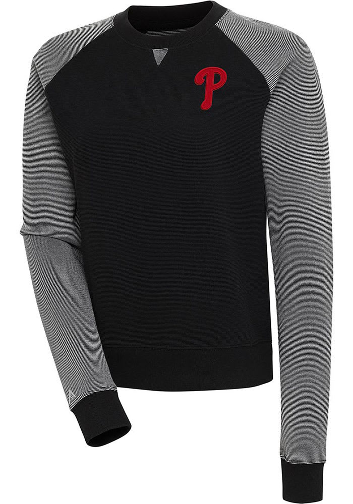 Antigua Philadelphia Phillies Women's Black Flier Bunker Crew Sweatshirt, Black, 86% Cotton / 11% Polyester / 3% SPANDEX, Size M, Rally House