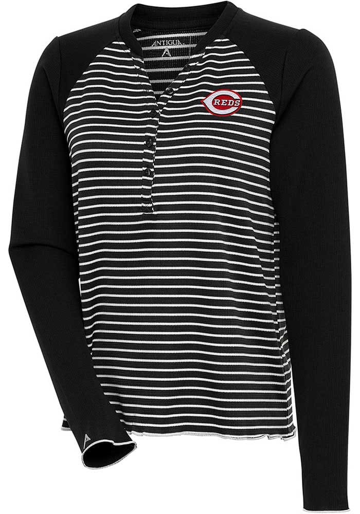 Antigua Cincinnati Reds Women's Black Maverick Henley LS Tee, Black, 100% POLYESTER, Size 2XL, Rally House