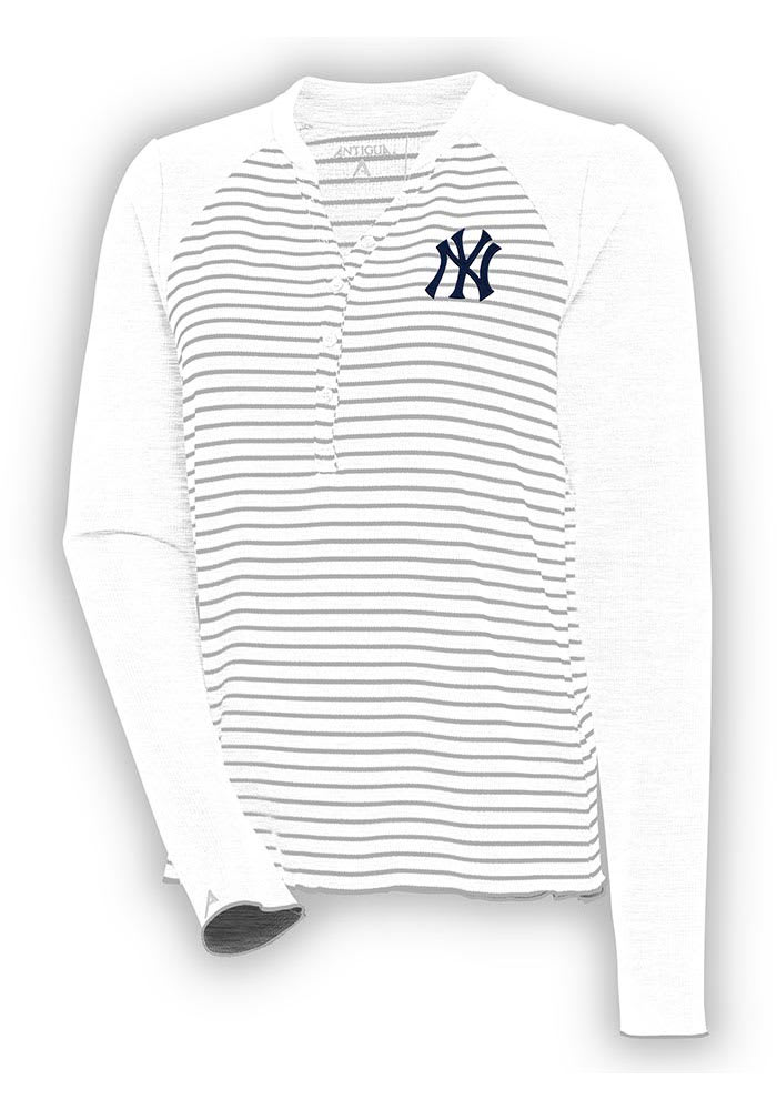 Antigua New York Yankees Women's White Maverick Henley LS Tee, White, 100% POLYESTER, Size L, Rally House