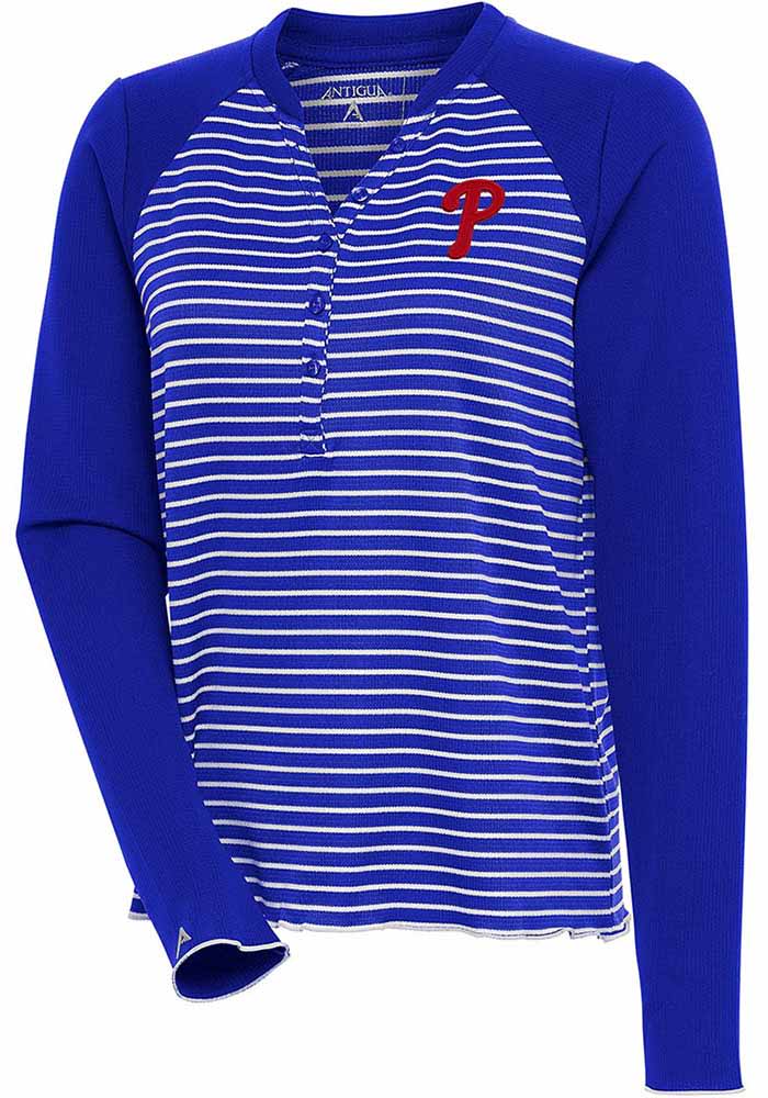 Antigua Philadelphia Phillies Women's Blue Maverick Henley LS Tee, Blue, 100% POLYESTER, Size 2XL, Rally House